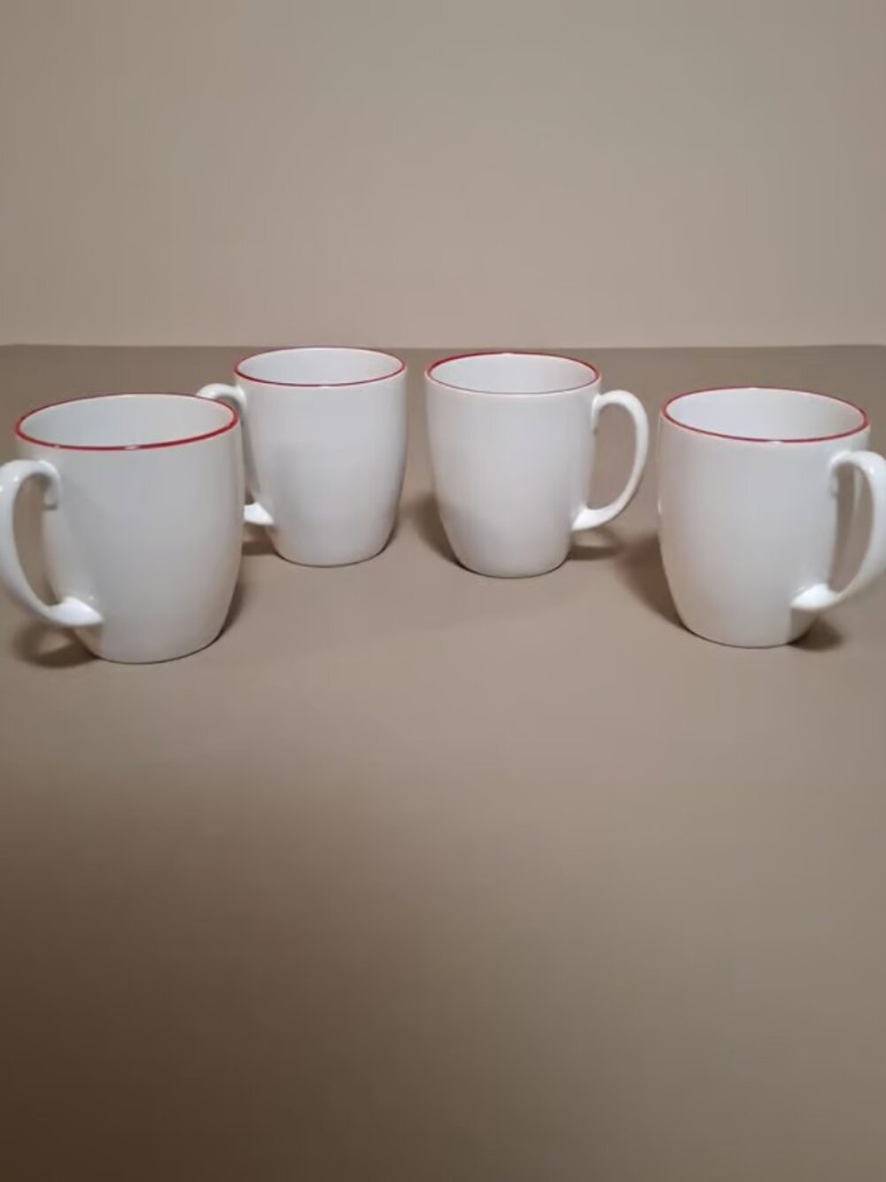 Corelle Coffee Mugs. Set of 4 White With Red Rims